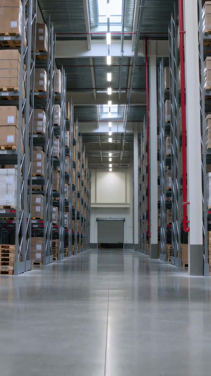 Verticale video: Startend met een duw, camera beweegt laag door een magazijngang richting een deur, toont dozen.