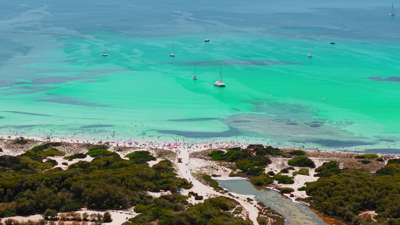 Vista aerea di una spiaggia con acqua turchese e barche