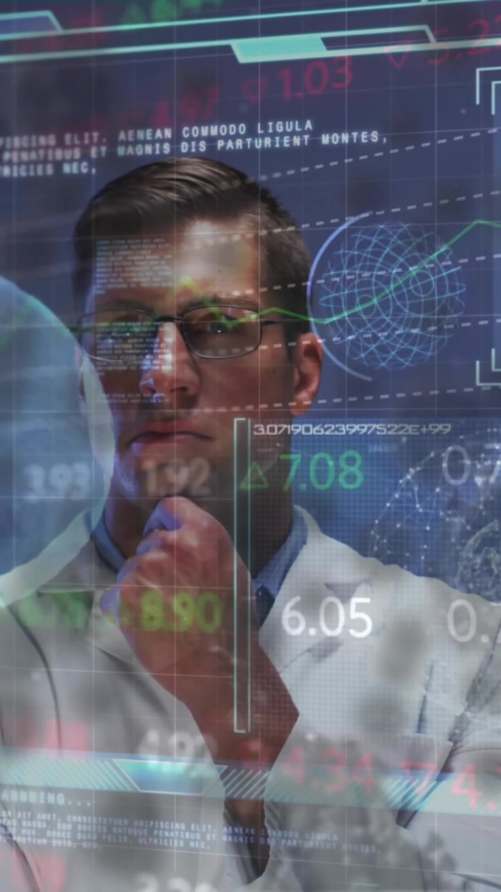 Animation of stock market and digital interface over male doctor