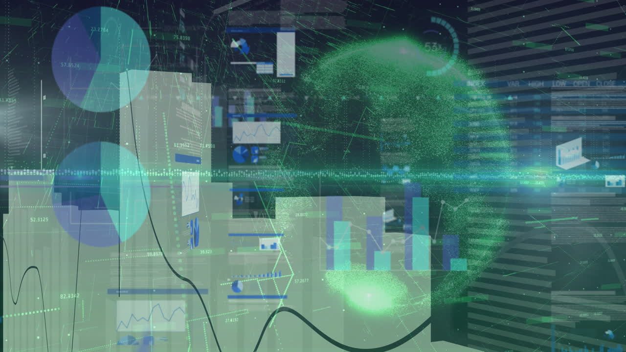 Digital data charts and graphs overlaying green glowing globe animation