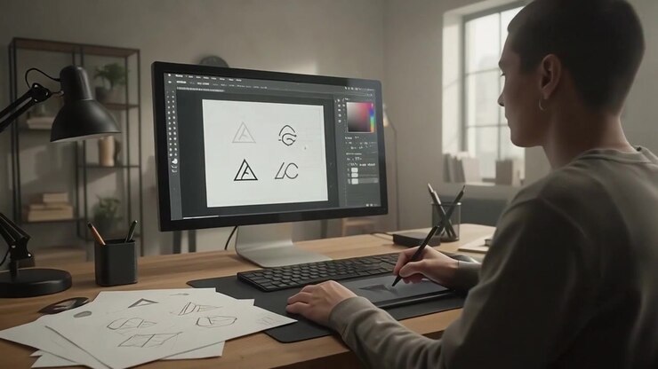 Grafisk designer arbejder på logoskitser i moderne studie