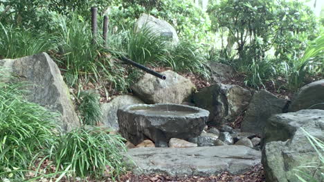 agua que fluye en un pequeño recipiente de hormigón, jardines japoneses, brisbane, queensland