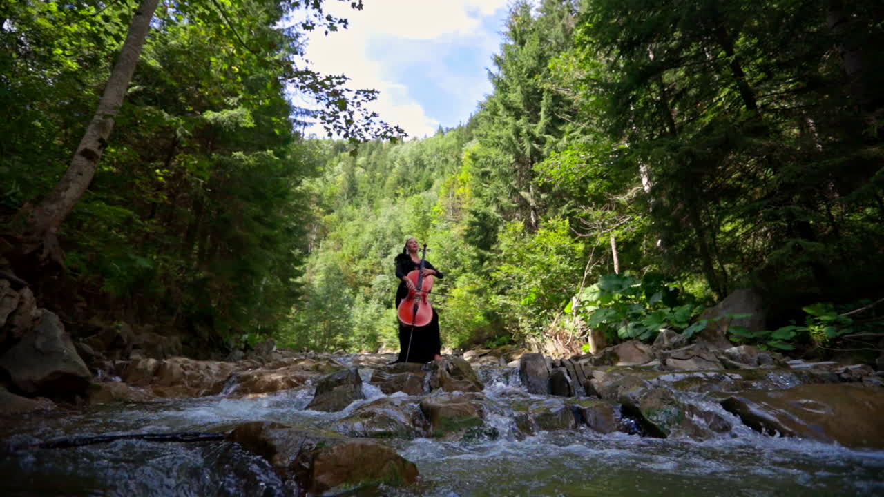 Lady with cello outdoors. Beautiful young woman playing cello outdoors