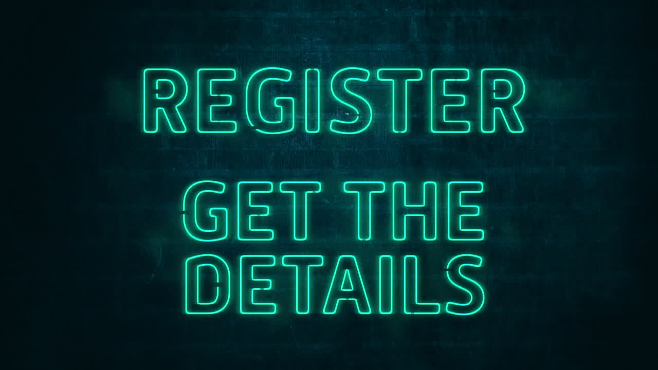 animación de neón estilo palabras verdes registrar y obtener los detalles parpadeando en fondo verde oscuro