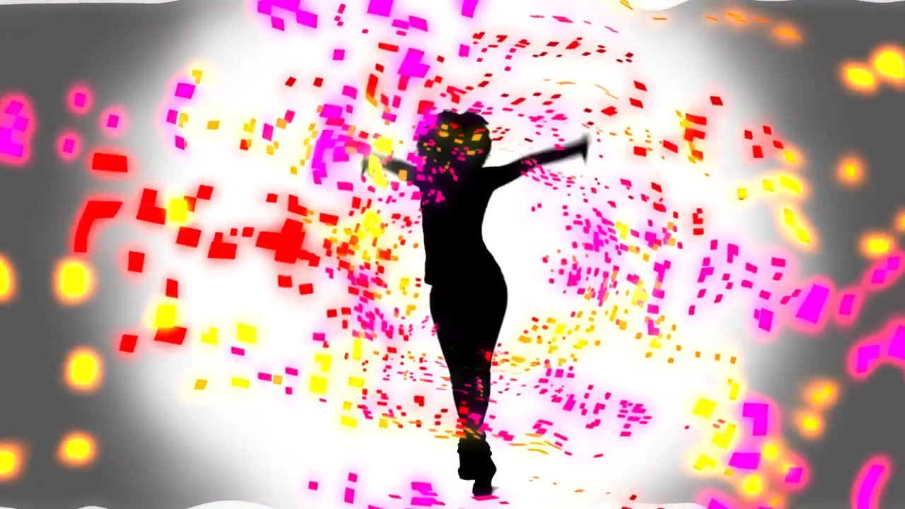 Bagliore bianco pulsante dietro una silhouette, che danza e trasmette energia mentre quadrati al neon spiraleggiano