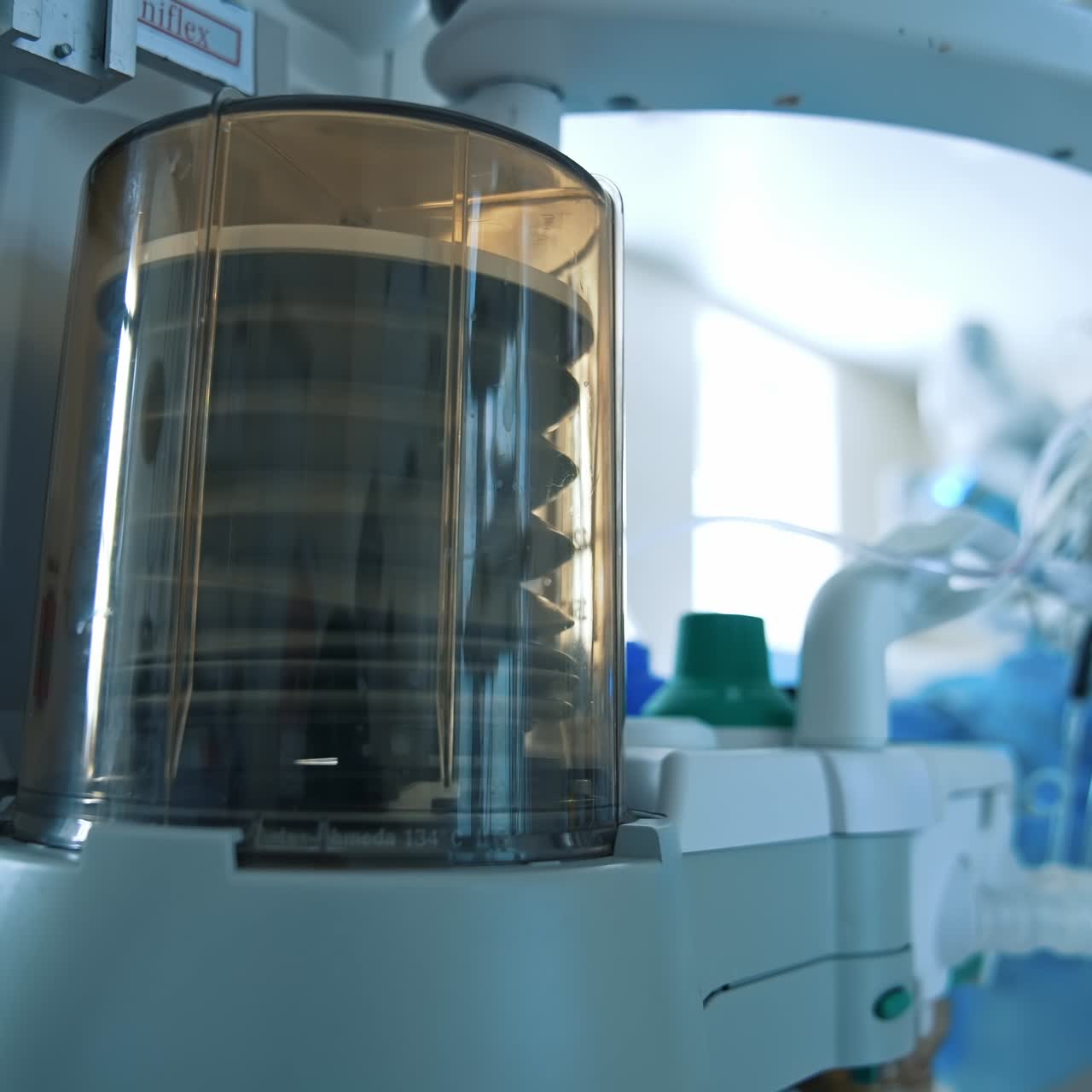 Surgery equipment. Work of pulmoflator in clinic. Life support equipment in the operating room. Medical device for helping patient breathing. Close-up