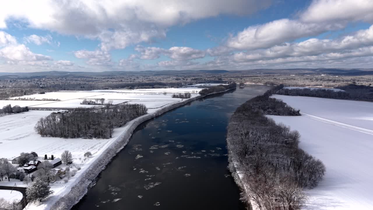 Winter aerial of Hadley, Massachusetts with scenic Connecticut River view