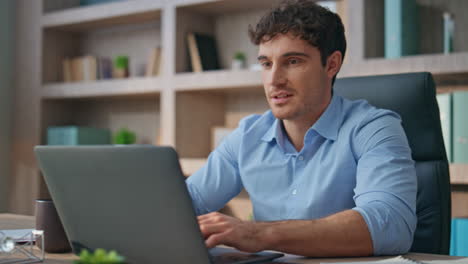 creative manager contemplating solution in office closeup. writer typing laptop