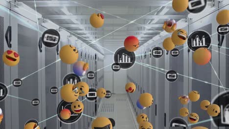 animation of emoji icons and network of connections over server room