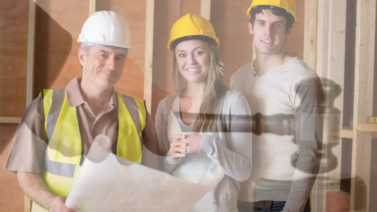 animación digital de los ingenieros de pie con el plano 4k