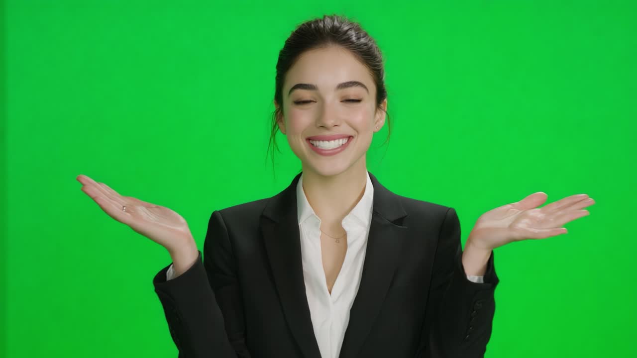 Una professionista sicura di sé sorride in modo positivo davanti a un green screen luminoso, esprimendo espressività con le mani aperte in due immagini