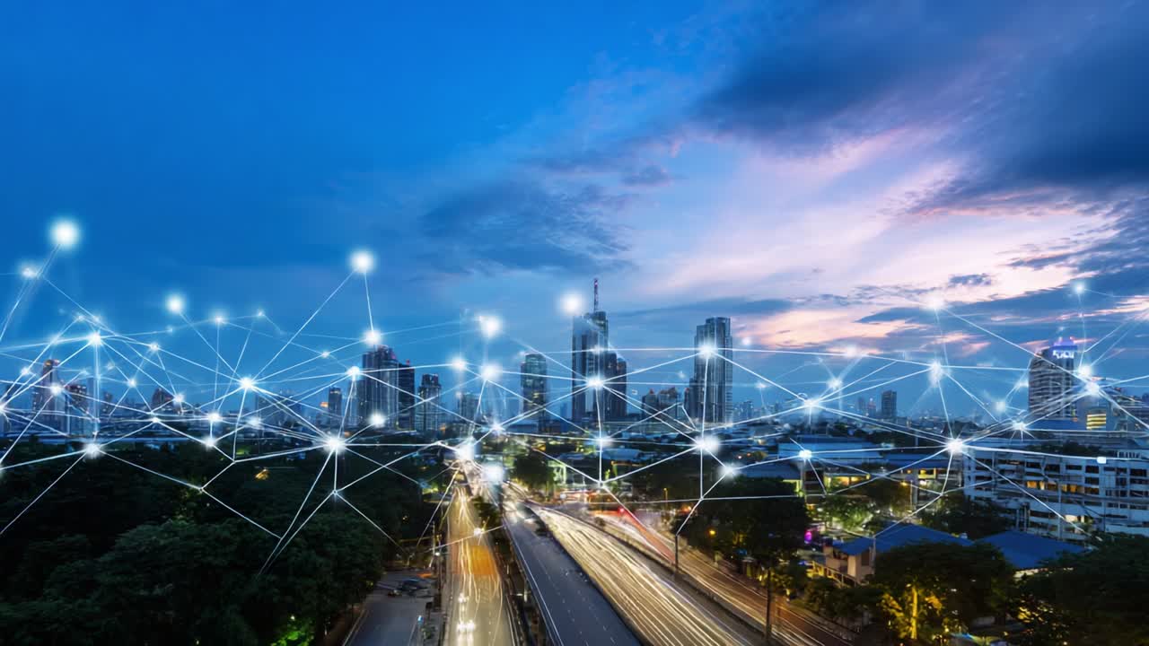 A Vibrant Cityscape at Dusk with a Network of Lights Illuminating the Skyline, Showcasing Urban Life and Connectivity as Day Transitions to Night, Emphasizing the Beauty of City Lights and Modern Technology