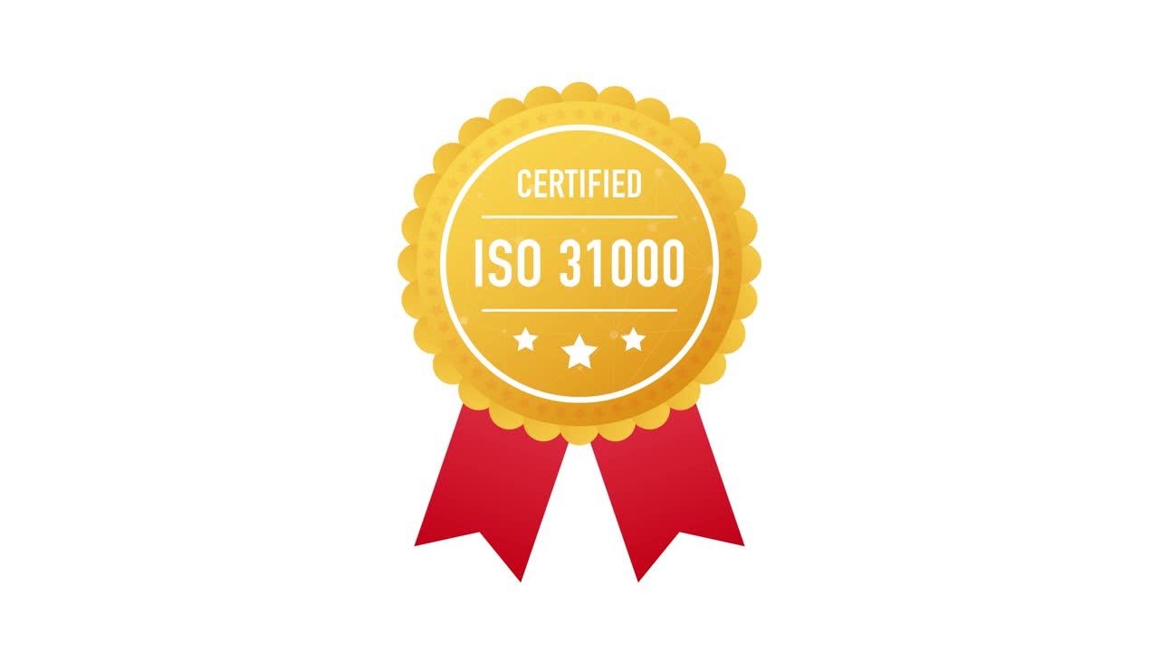 ISO 31000 certified golden label on white background. Motion graphics.