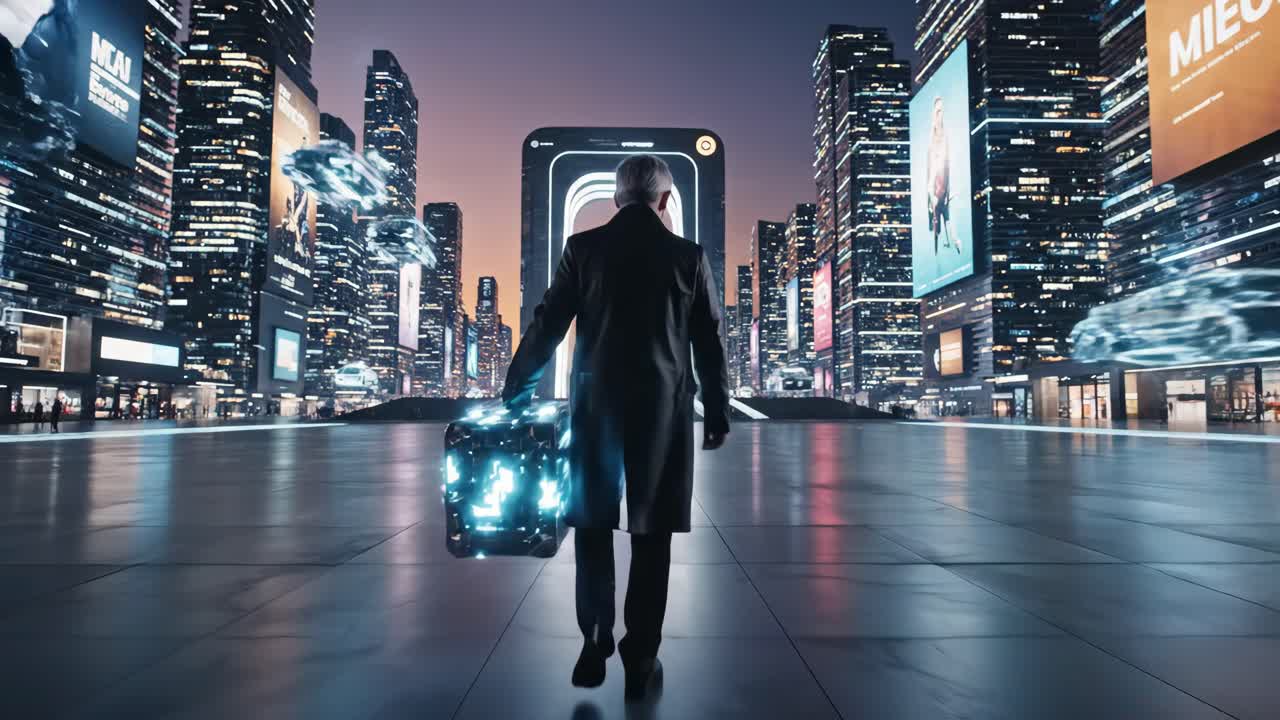 Un uomo con una valigetta luminosa in un paesaggio urbano futuristico
