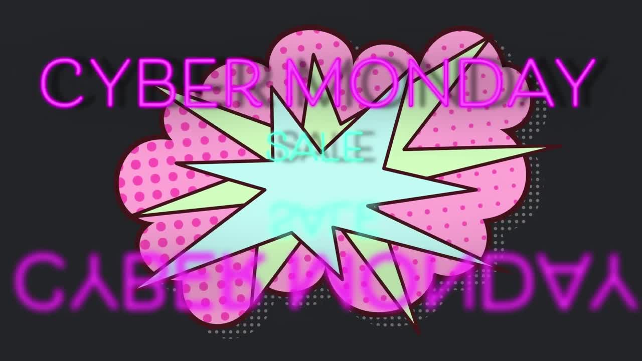 animación de la venta del lunes cibernético texto sobre burbuja de discurso retro en fondo oscuro