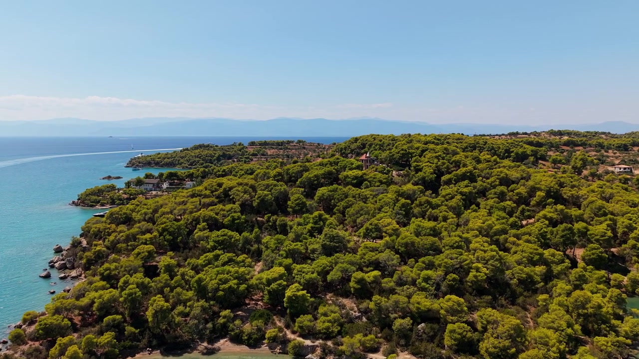 Un drone sorvola una costa con pineta selvaggia in Grecia. Rive rocciose, calette nascoste e acque turchesi si estendono verso un vasto mare aperto sotto un cielo estivo limpido.