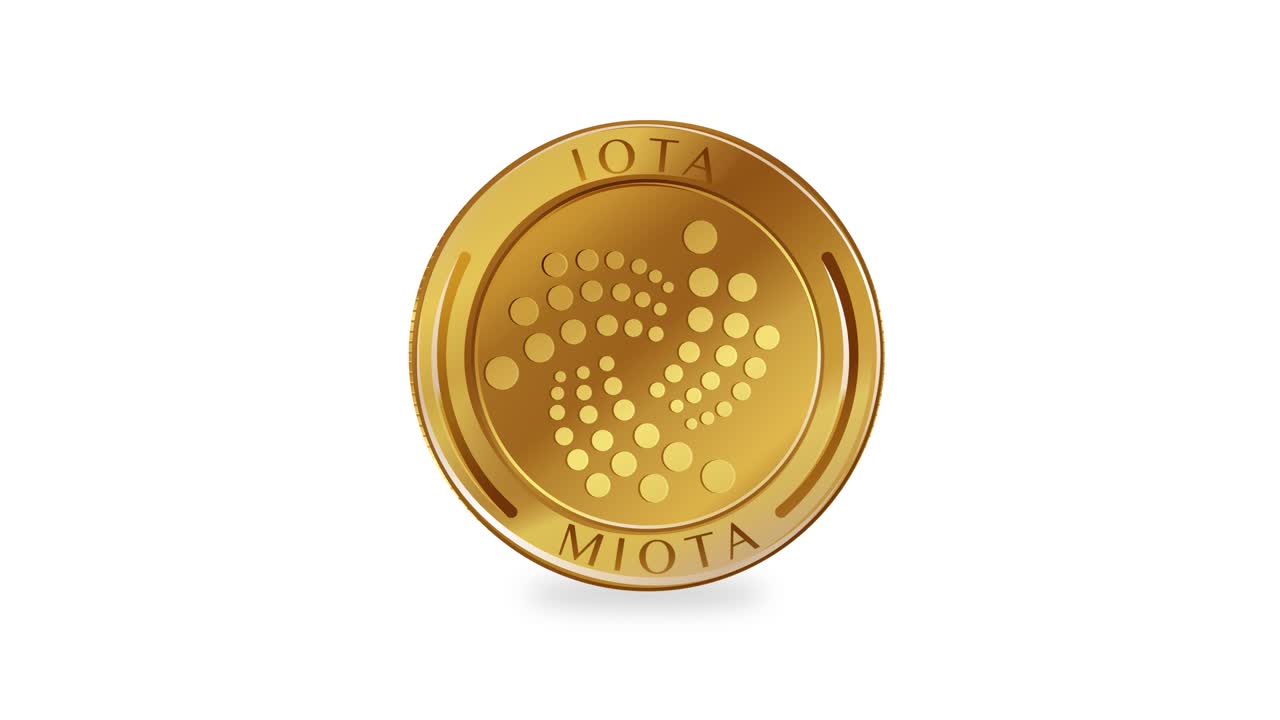 una animación de 20 segundos que muestra una moneda de criptomoneda iota giratoria sobre un fondo blanco