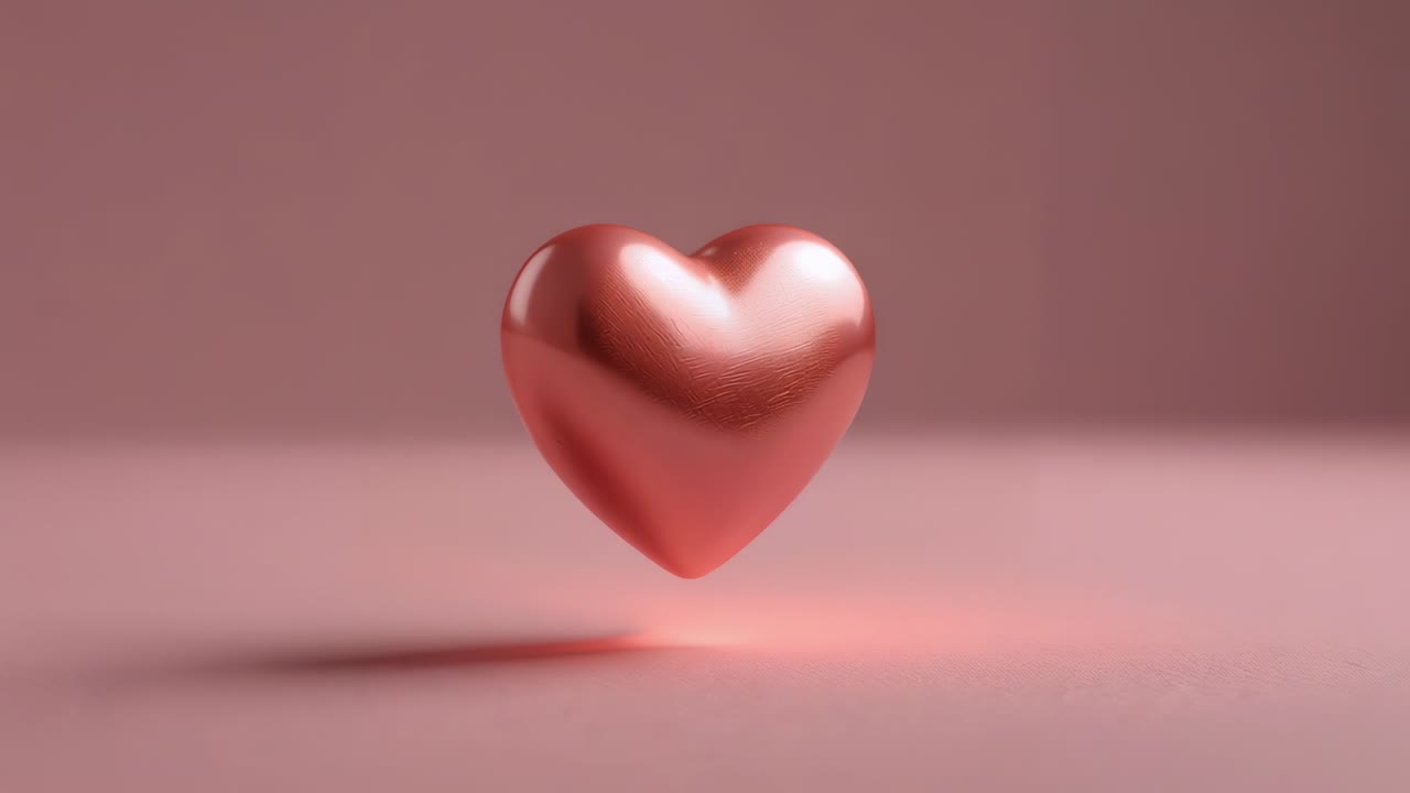 Cuore rosa sospeso che abbassa l'ombra, cresce, rimbalza e si posa su un pavimento elegante mentre la luce cambia