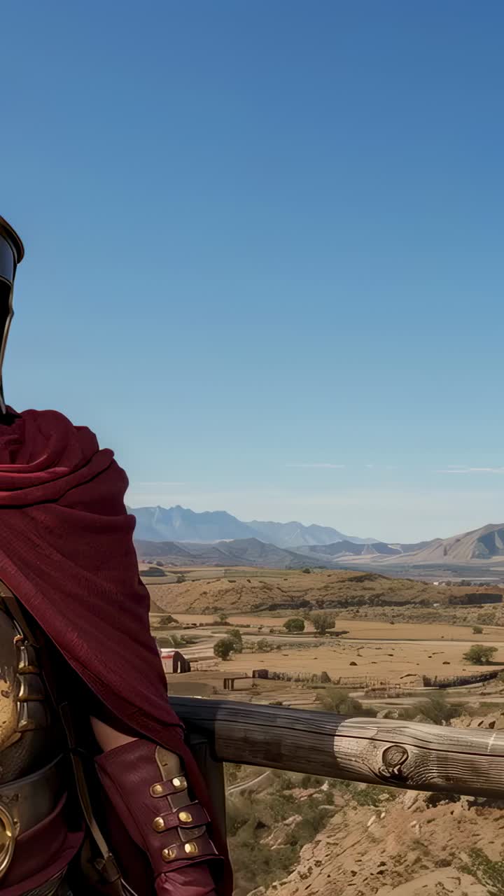 Vertical video: Pan right revealing armored soldier scanning plain from rail with sword, copy space