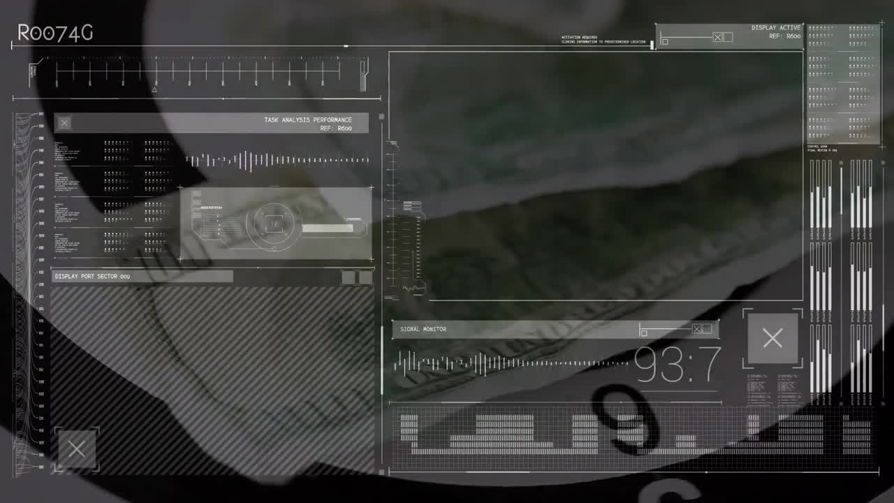 Animation of data processing over american dollar banknotes