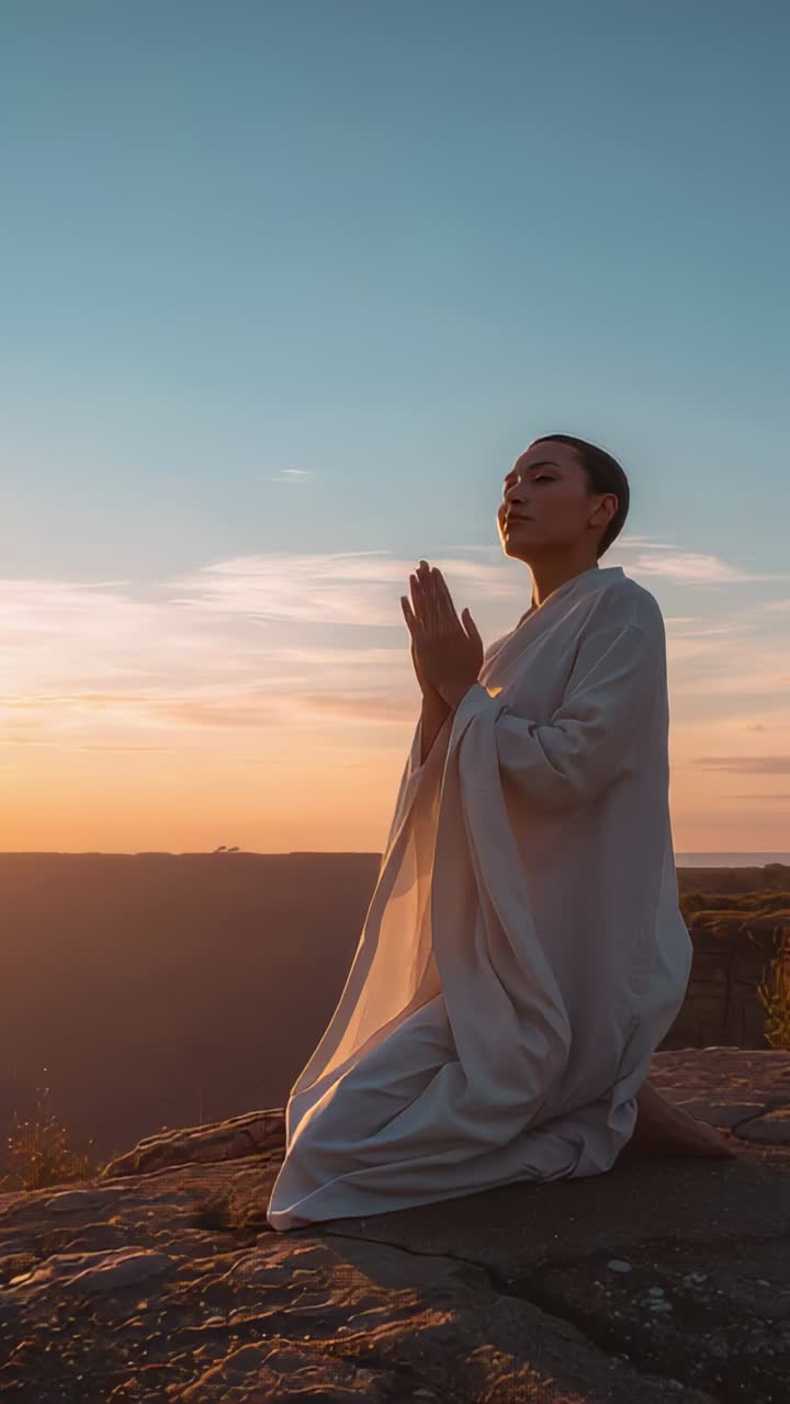 Vertical video: Sunset moving, kneeling woman praying tilting head, loose robe on cliff, copy space
