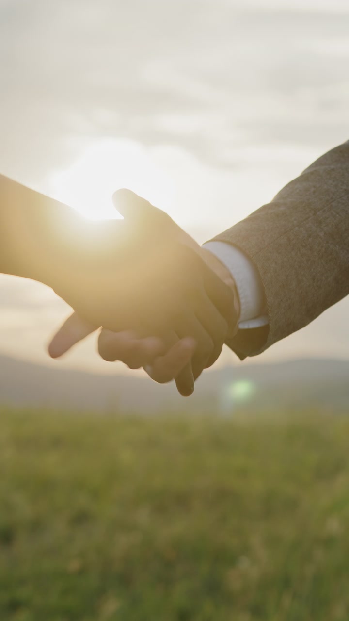 Two people shaking hands in a grassy field with mountains and wind turbines in the background during