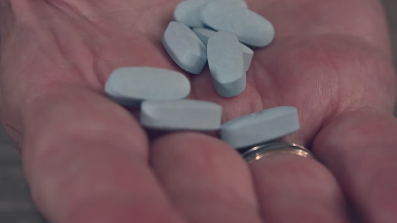 la mano mayor de un anciano sostiene pastillas para medicamentos recetados