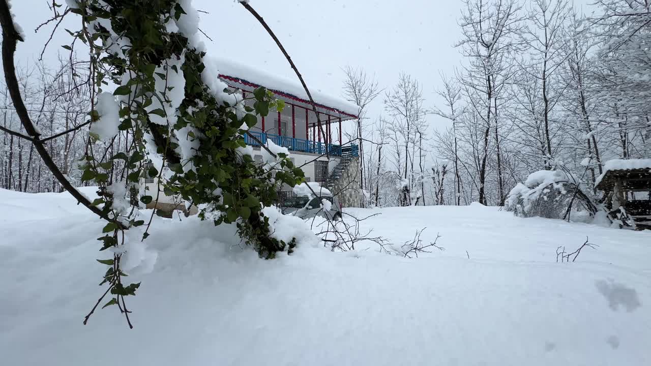 전통적인 숲 마을 생활: 히르카니아 숲의 나무 집, 겨울철에 도시에서 많은 눈, 시골 마을의 경이로운 자연 풍경, 시골 차량 주차장, 깨진 나무, 경치 좋은 눈