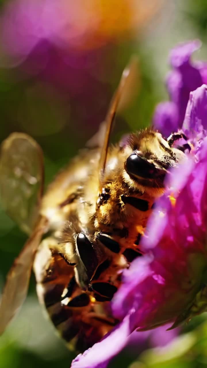 Vídeo em close-up de flores vibrantes roxas e laranjas com profundidade de campo rasa