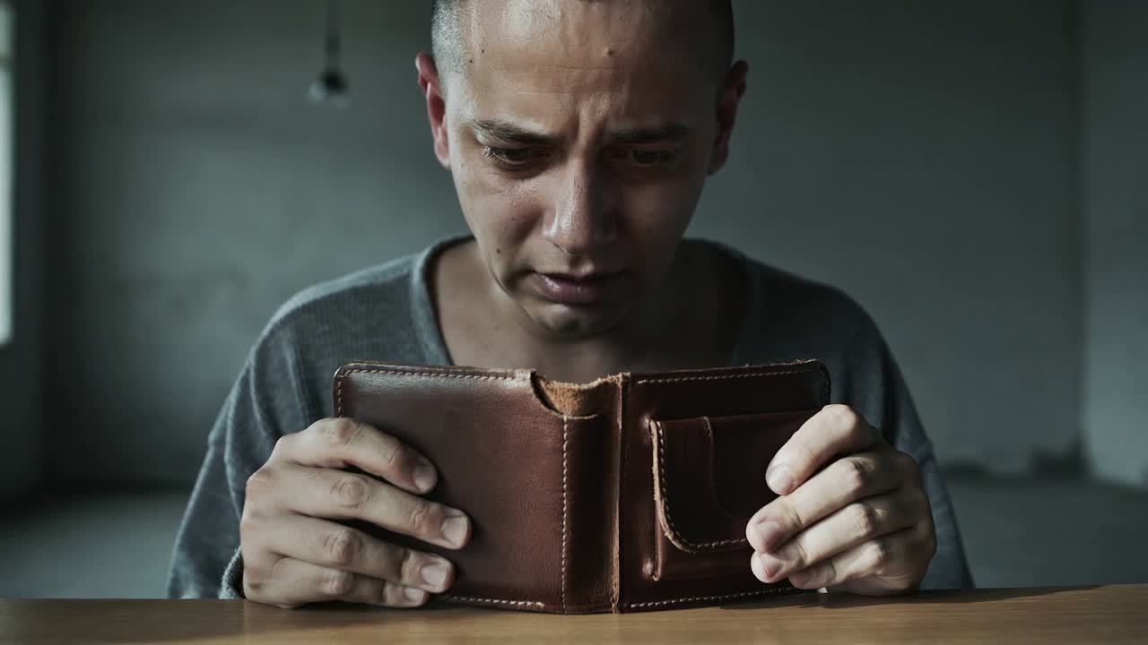 Hombre de mediana edad notando una cartera marrón vacía en una mesa de madera en una habitación vacía, buscando dinero.