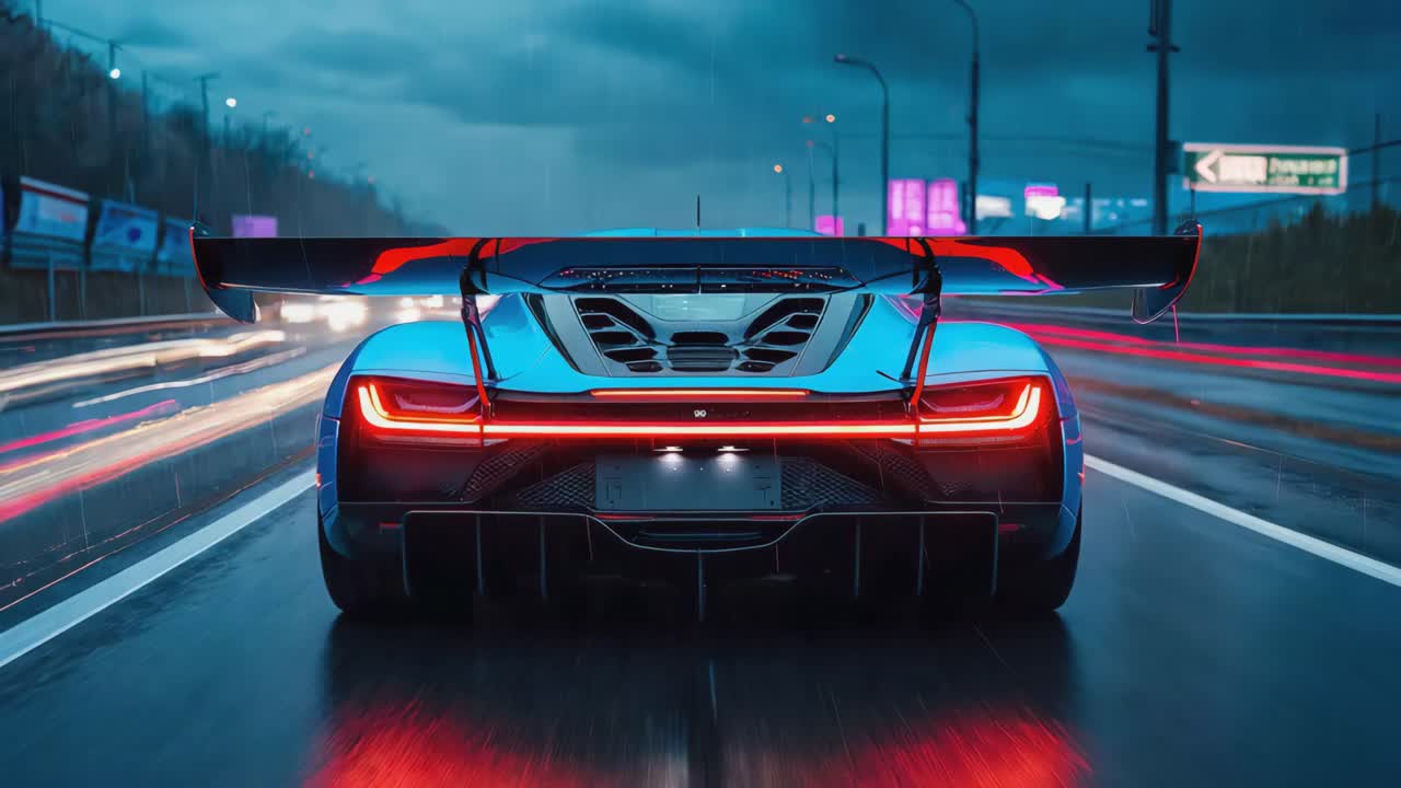 Futuristic Blue Sports Car on a Wet Road at Night