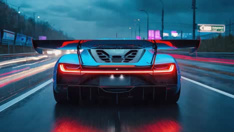 Futuristic Blue Sports Car on a Wet Road at Night
