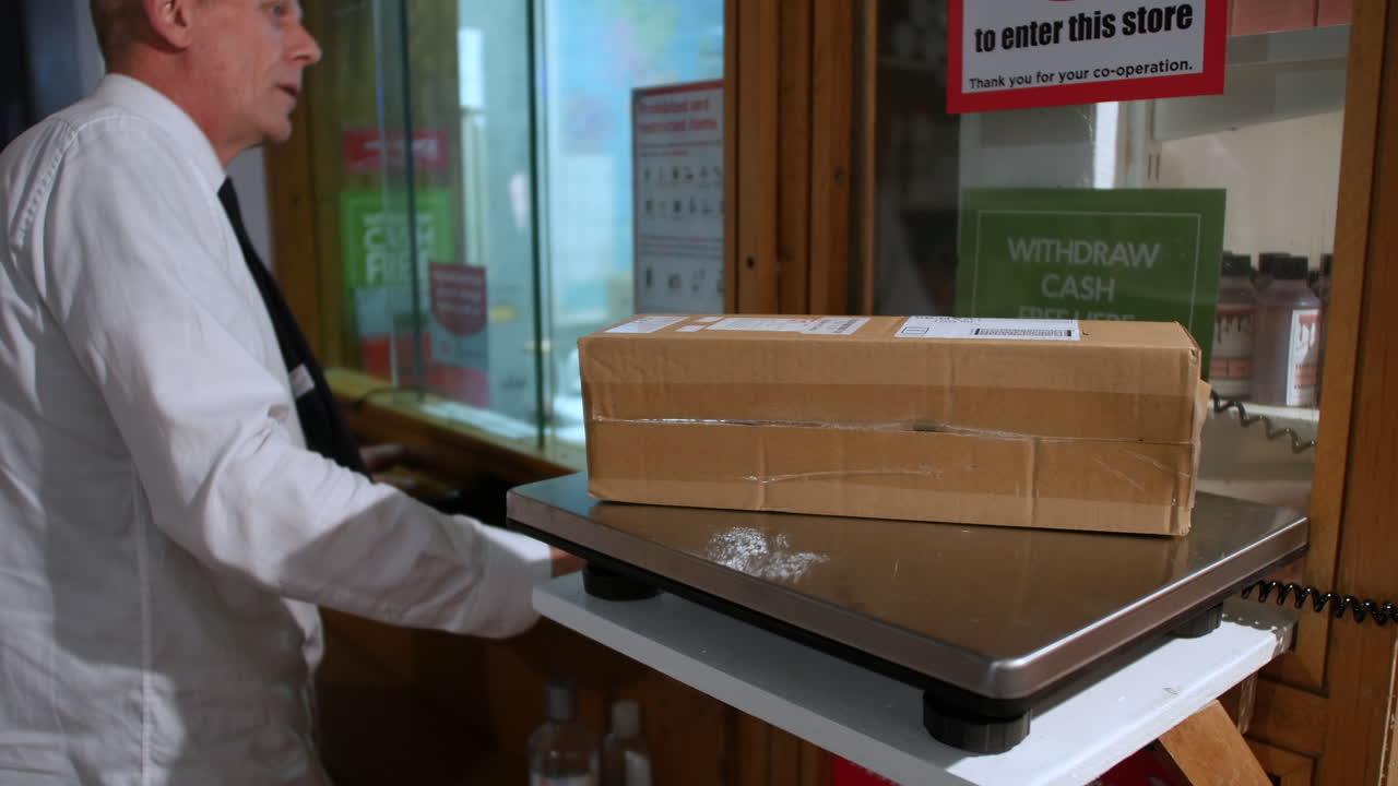 한 남자가 우체국 카운터에서 전자 저울 소포의 무게를 잰다