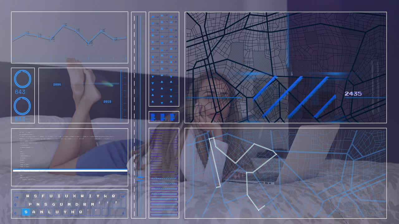 Using laptop, woman interacting with animation of futuristic data and map interface