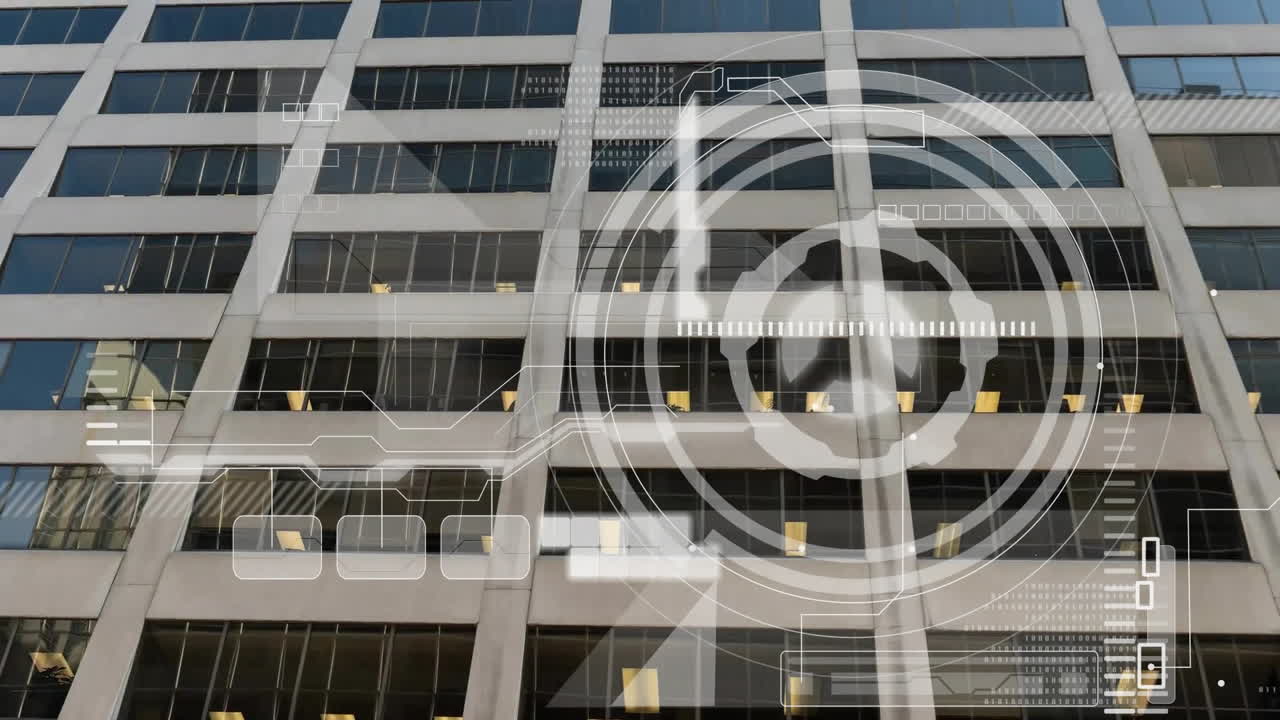 animación del alcance y el procesamiento de datos sobre el edificio en la ciudad