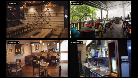 cuatro cámaras de seguridad vistas de los interiores del restaurante y el bar y la terraza exterior, cámara lenta