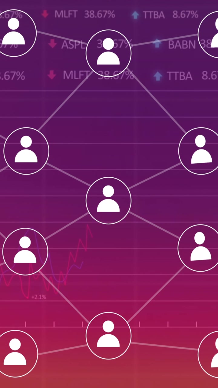 Animation of flowchart of icons with multiple graphs and trading boards over gradient background