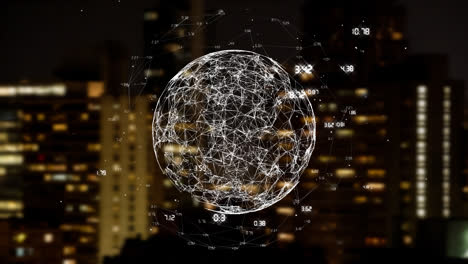 Spinning digital globe above a city