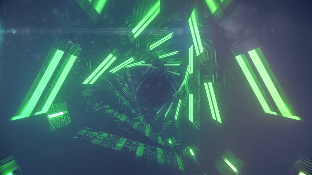 Animazione di futuristiche luci al neon verdi che formano motivi geometrici su un paesaggio urbano.