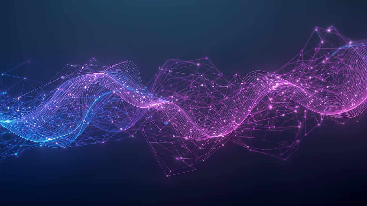 Emerging at render start, mesh wave undulating across dark pane, with glowing nodes and color shift