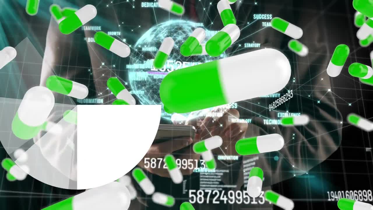 알약의 애니메이션, 변화하는 숫자 및 스마트폰을 사용하여 사람 위의 지구