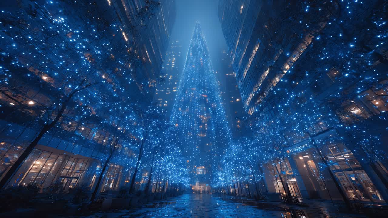 Stunning Night Lights Illuminate a Glimmering Urban Landscape, Creating a Magical Atmosphere with Blue Illumination Surrounding the Towering Structure