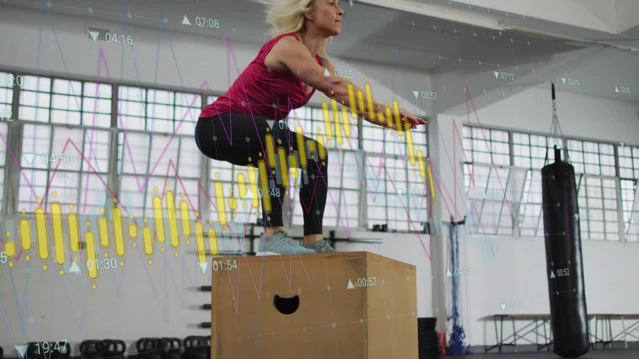 Gym trainee performing plyo box jumps triggered by knee dip, displaying HUD overlays for power