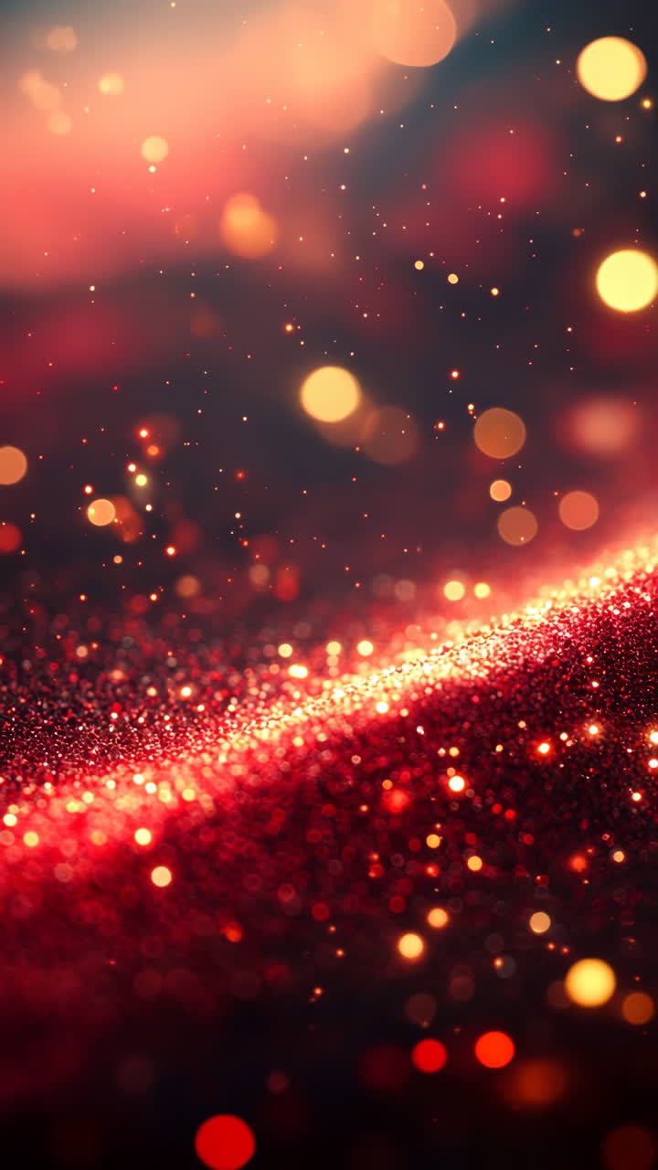 Red and gold night bokeh. Glittering particles of red and gold create a mesmerizing bokeh effect in a dark setting, evoking a festive atmosphere.