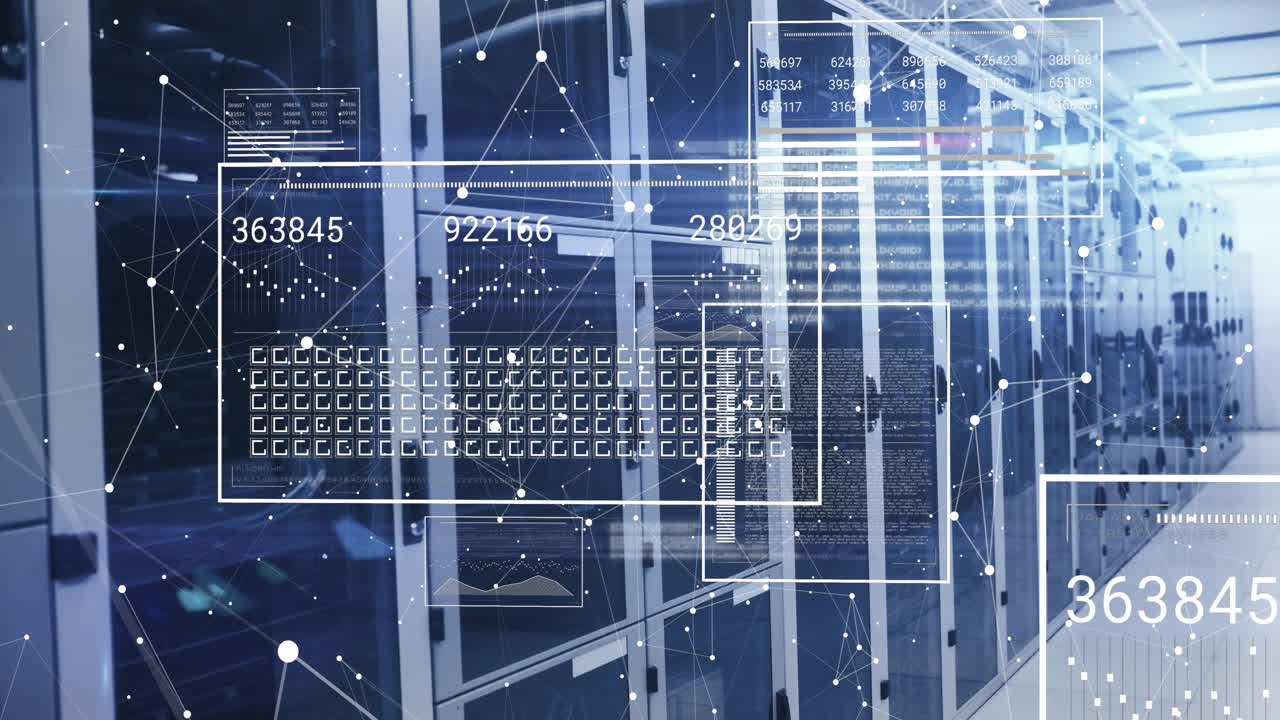 Animation of interface with data processing and network of connections against computer server room