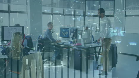 animation of financial data processing over diverse business people in office and cityscape