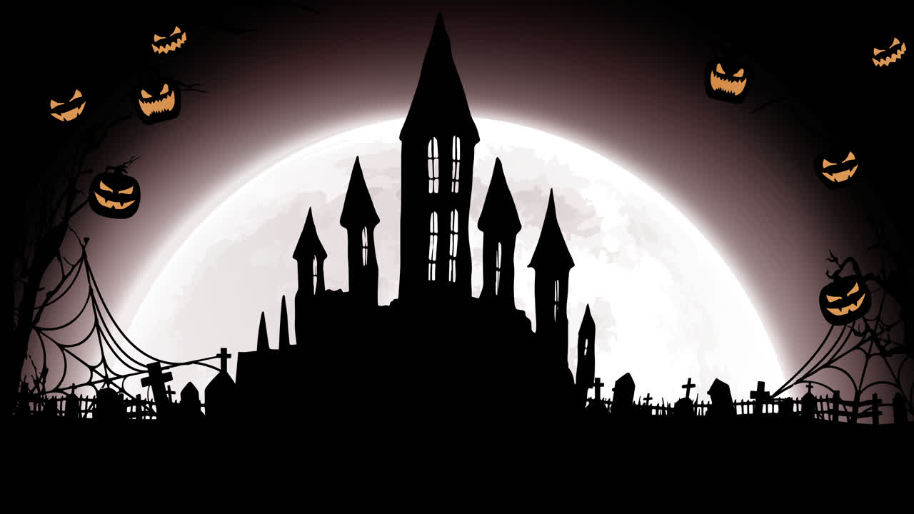 Animazione di zucche intagliate appese ai rami e case di Halloween su sfondo blu
