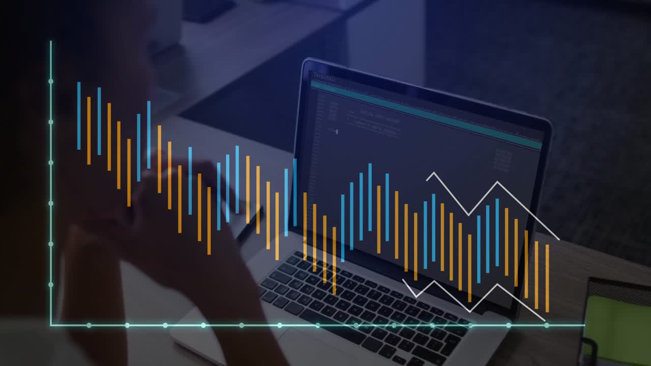 Female data analyst holding head at office desk, examining laptop ...
