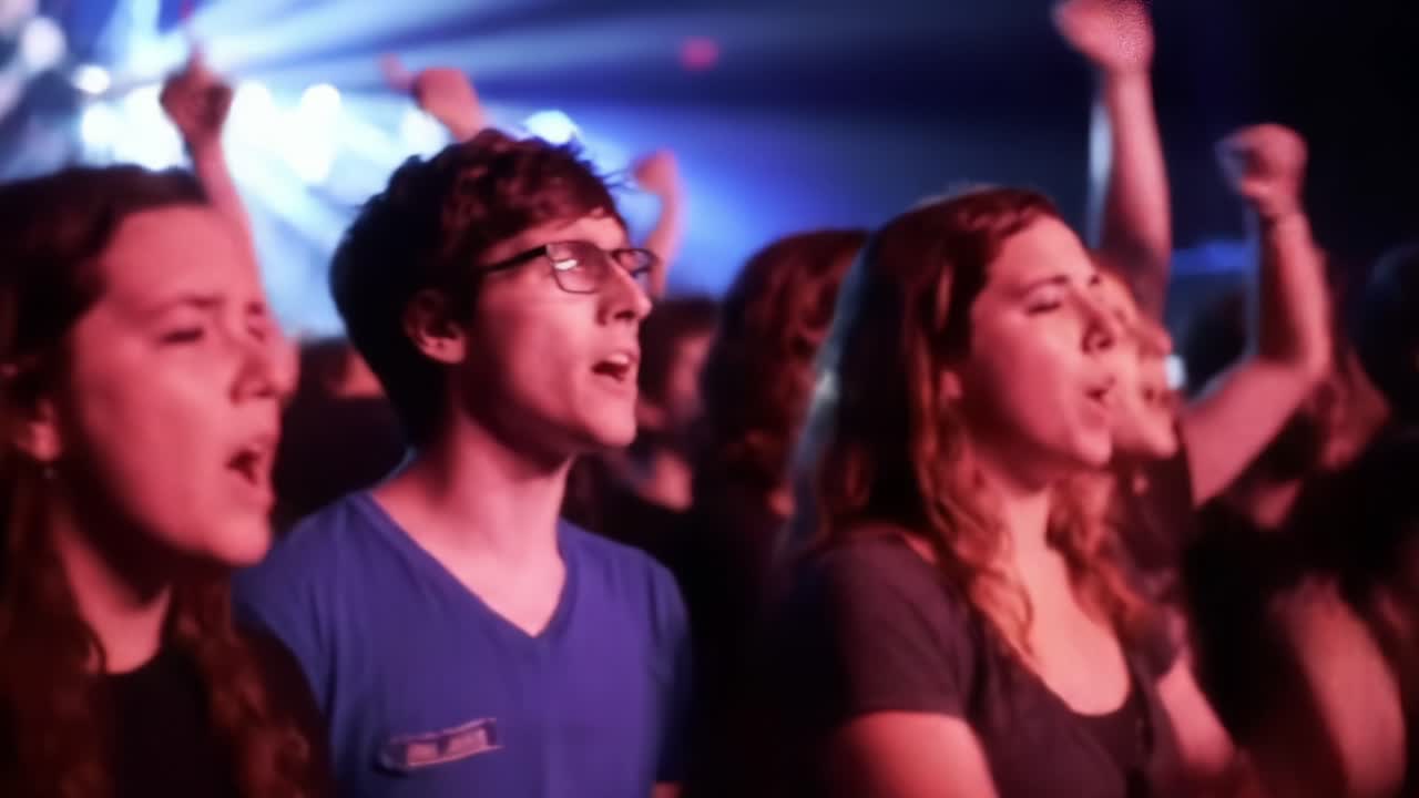 Energetic Crowd Enjoys Live Music Performance During Nighttime Concert in Vibrant Venue