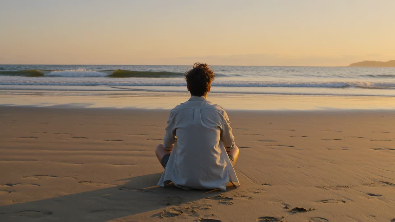 Sitting man wearing long-sleeve shirt and shorts watching sunset to reflect by ocean, footprints